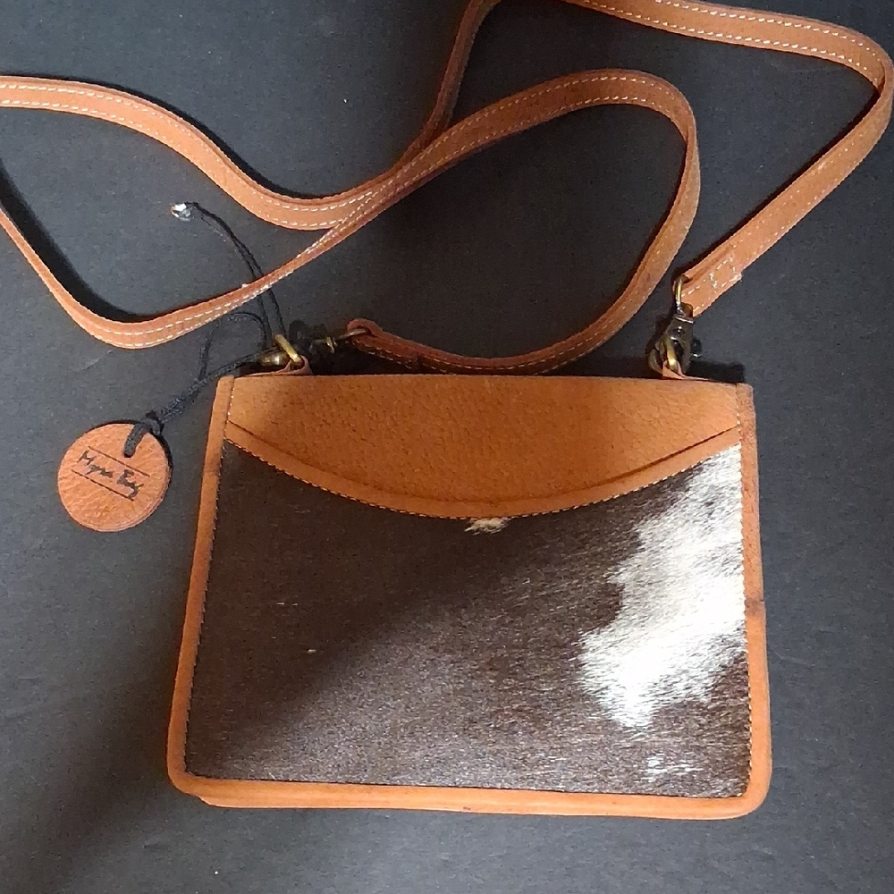 Myra Brown and White Leather Cow Fur Crossbody Bag 16" New